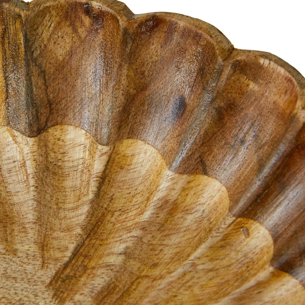 NEW West Elm Large Natural Wood Carved Scalloped Decorative Bowl Centerpiece 8